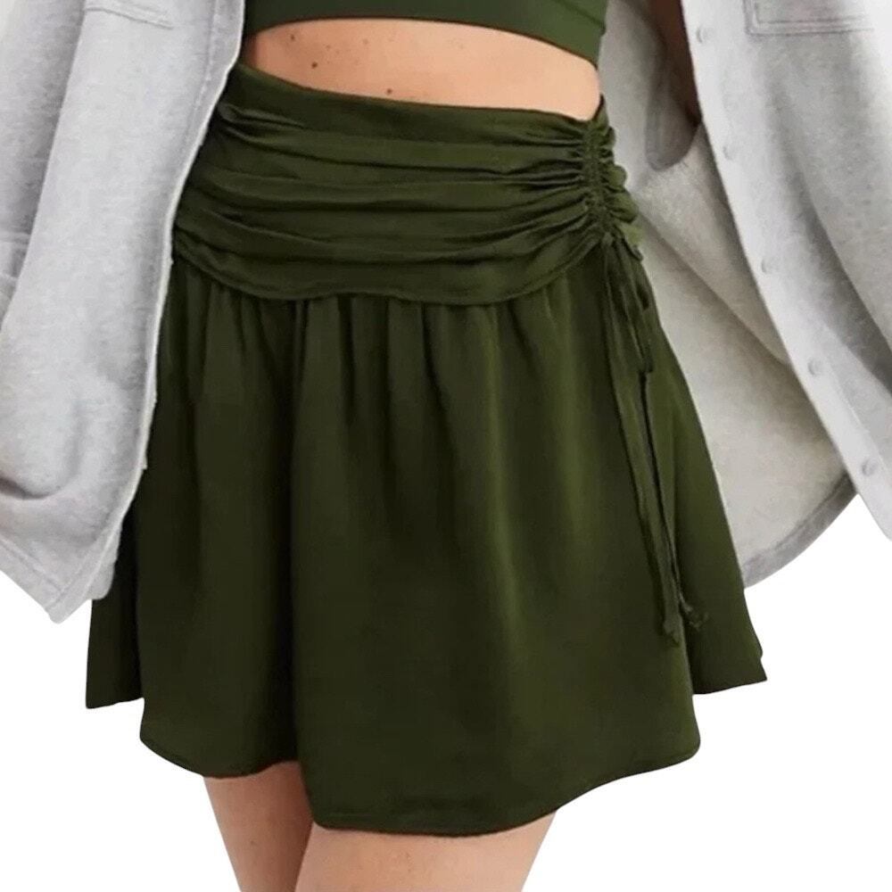 Aerie Uptown Green Satin Side Tie Smocked Ruched Waist Mini Skirt Size XS